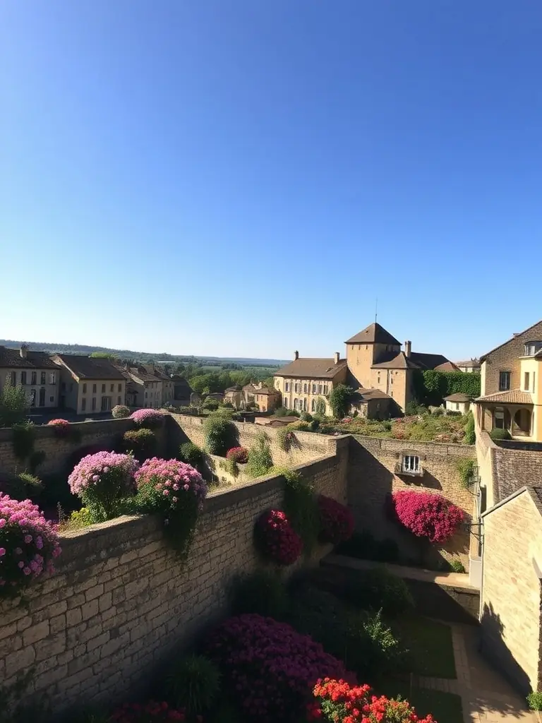A scenic view of Semur-en-Auxois’ historic terraces, with blooming flowers and traditional stonework, highlighting the town’s unique landscape heritage under a clear sky.