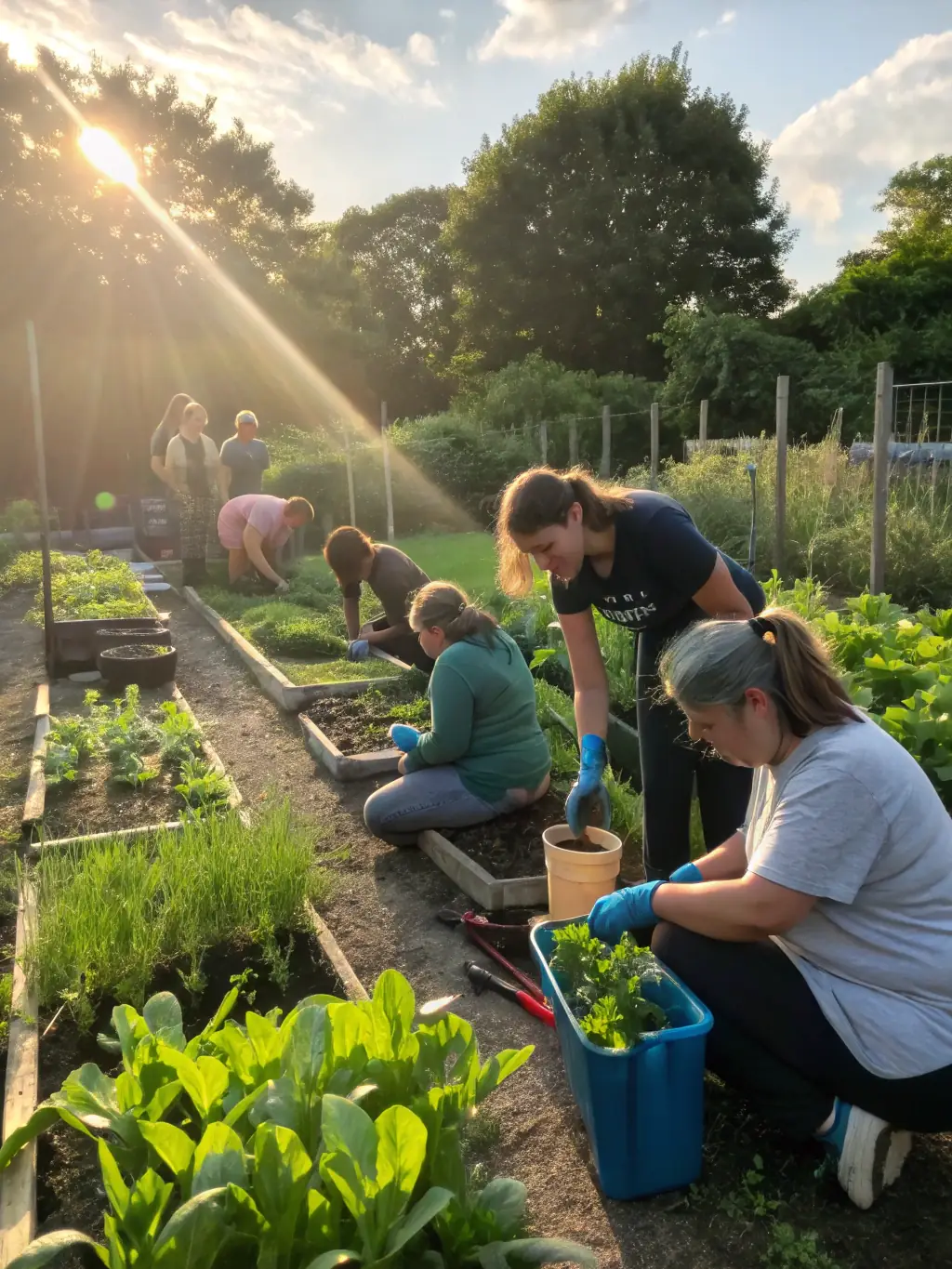A cheerful group of children and adults participating in a hands-on gardening workshop, surrounded by colorful planters and educational materials.