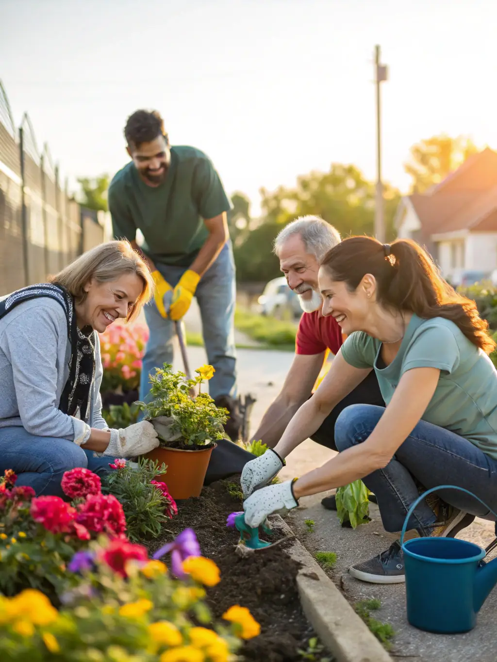 A vibrant scene of local volunteers planting native flowers and shrubs in a terraced garden overlooking the medieval town of Semur-en-Auxois, under soft morning light.
