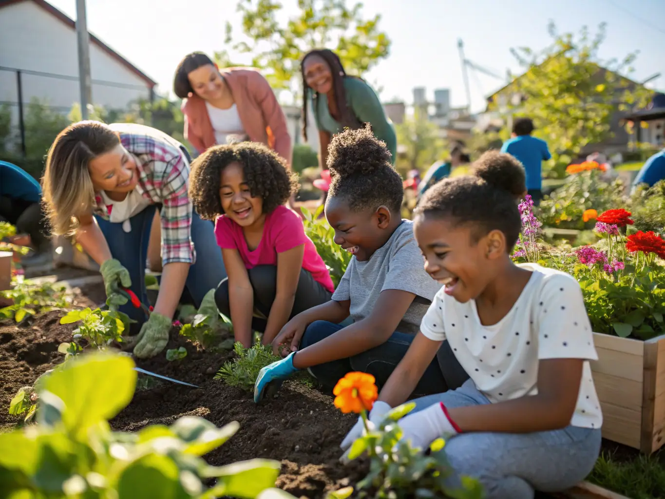 A cheerful group of children and adults gathered around a table outdoors, learning about local plant species from an instructor, with educational posters and garden beds visible.