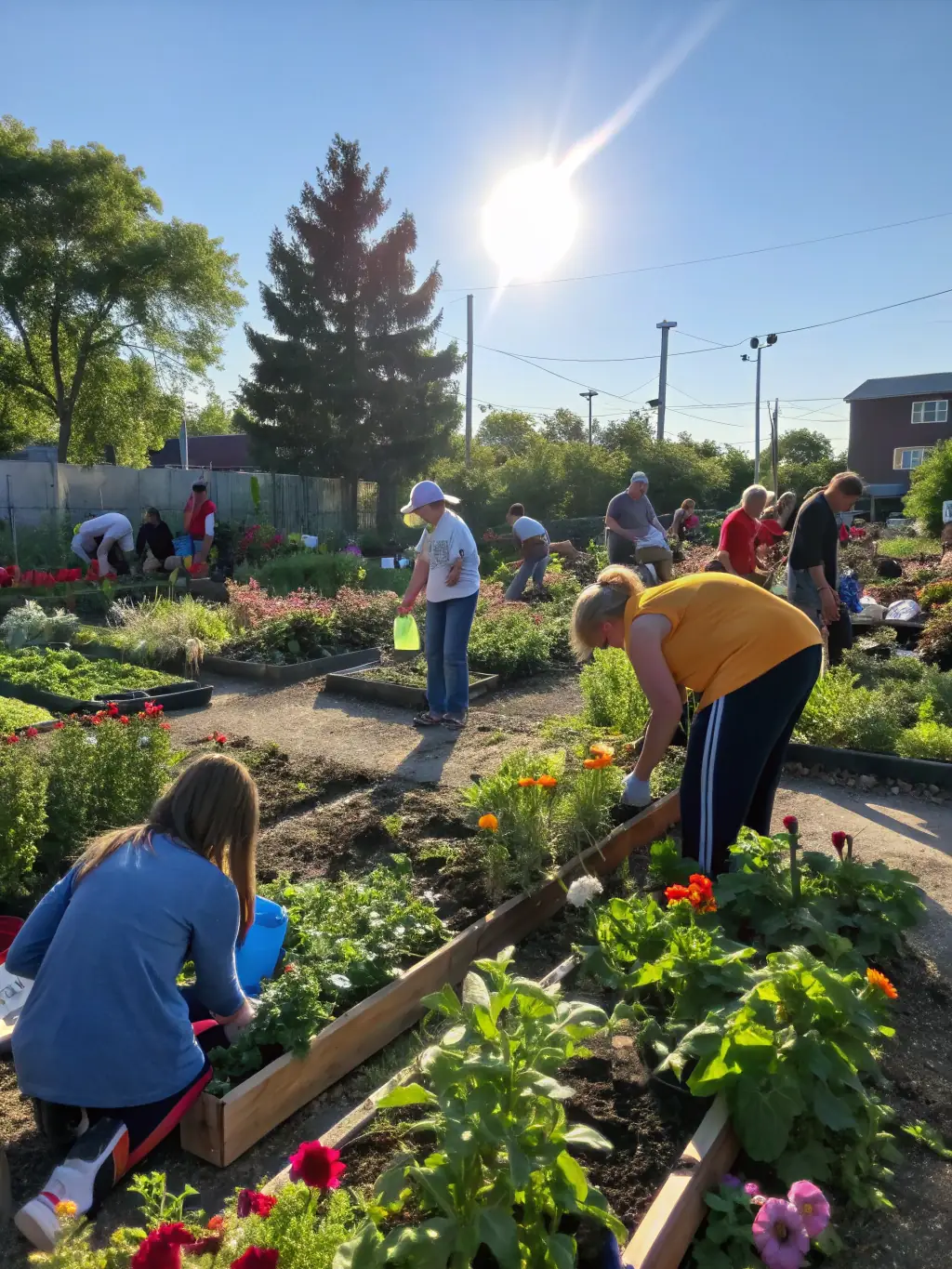 A cheerful community gathering in a restored garden, with people of all ages enjoying a local event, sharing food, and engaging in conversation among vibrant greenery.