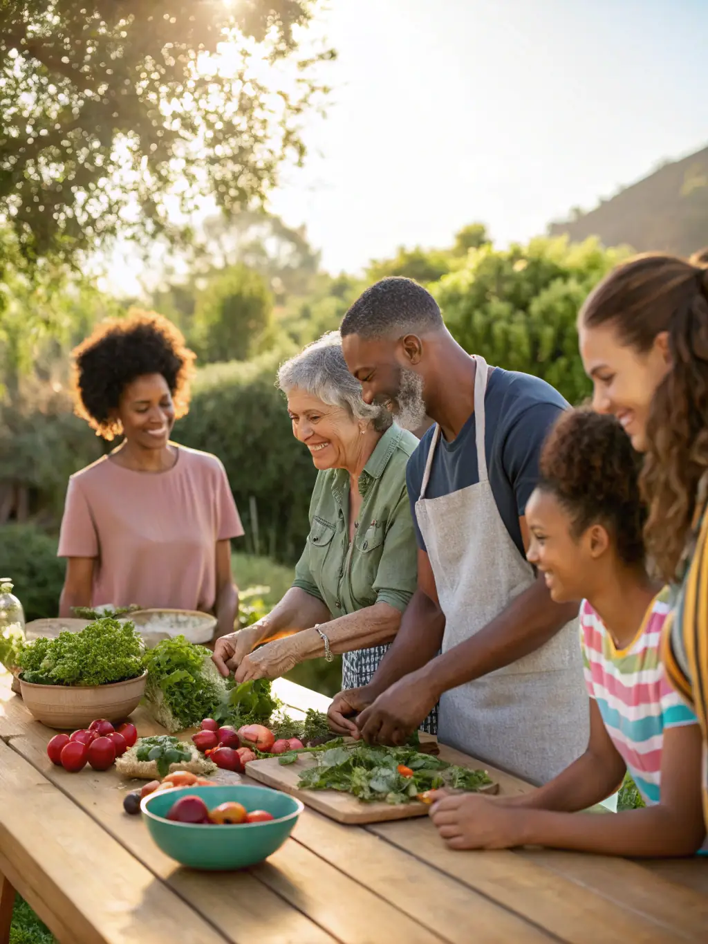 A group of children and adults gathered around a table outdoors, participating in an educational workshop about local plants, with illustrated guides and gardening tools visible.