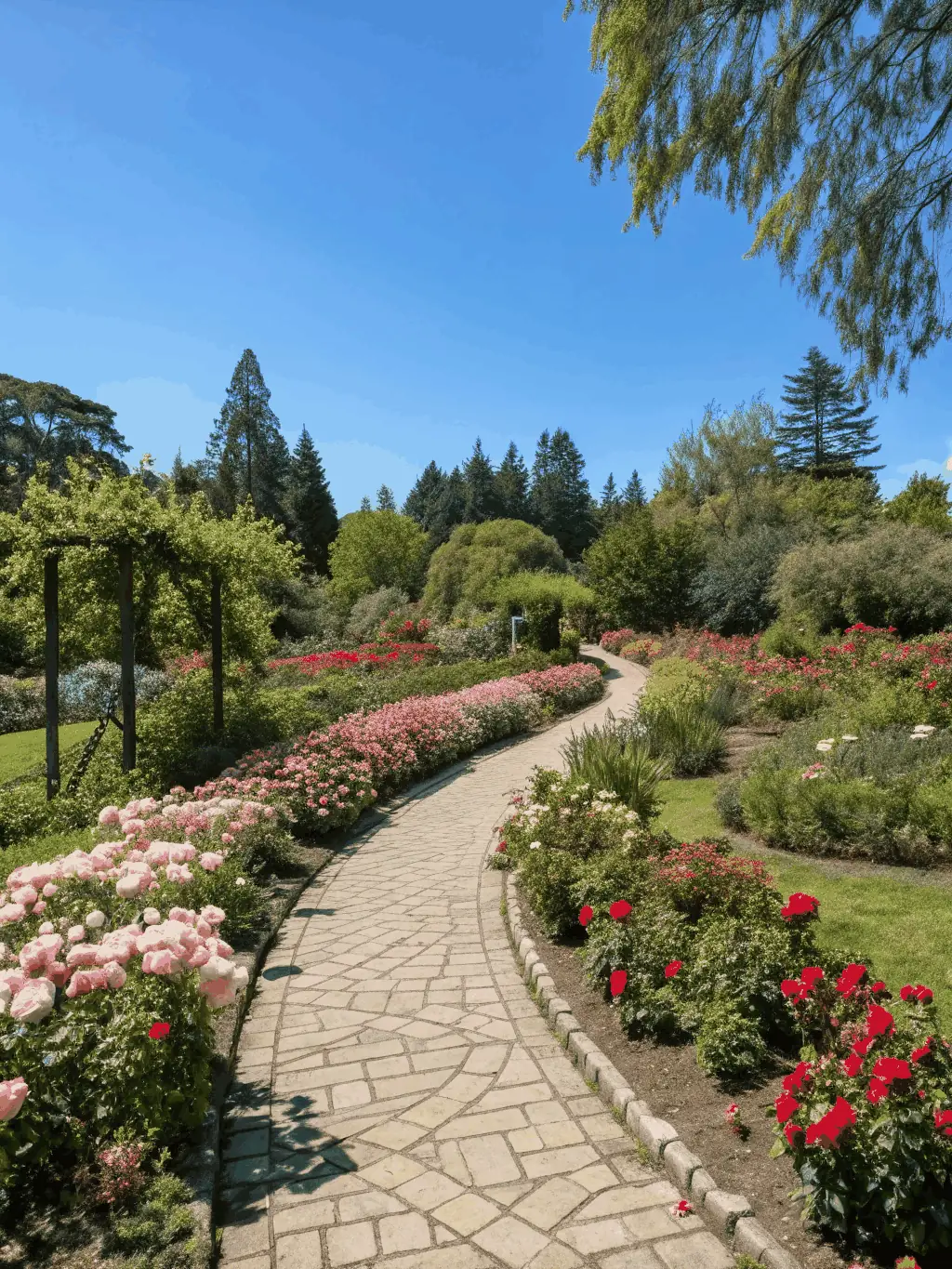 A panoramic view of restored medieval terraces, with blooming flowers, trimmed hedges, and informational signs about local plant species.
